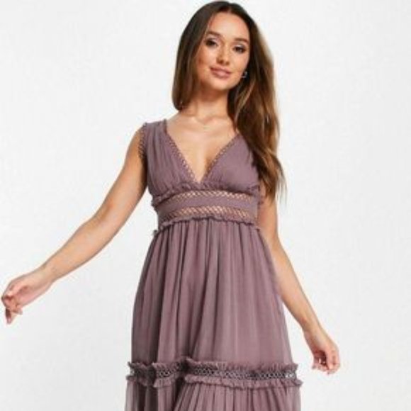 ASOS DESIGN lace insert midi dress with ruffle detail in mauve - Picture 1 of 7